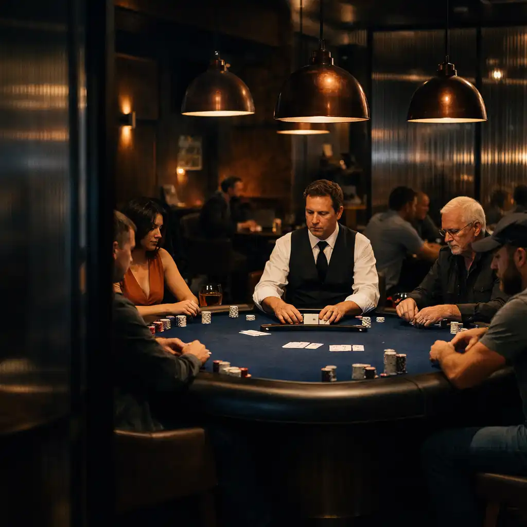 Players and a dealer gathered around a navy felt poker table beneath copper pendant lights in the Card Room.