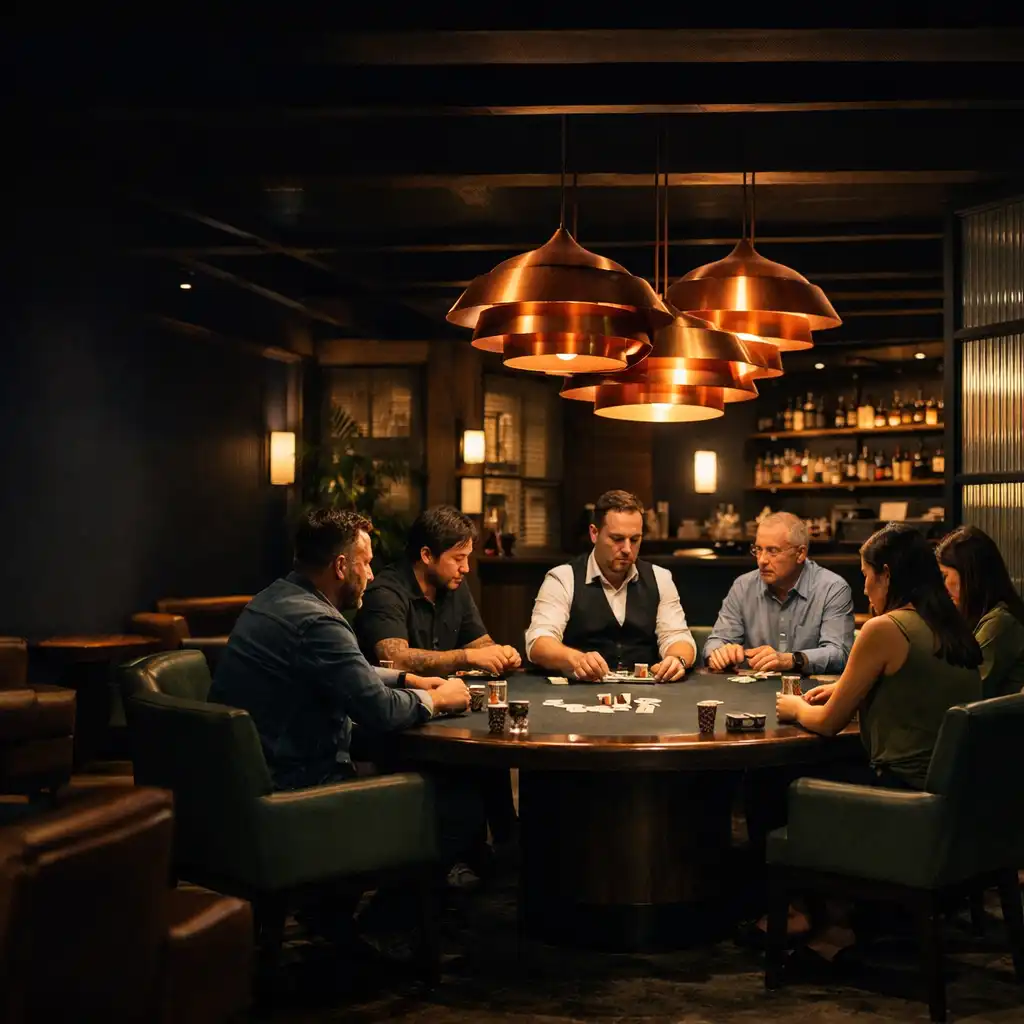 Intimate Card Room with pendant lights and people at a physical poker table
