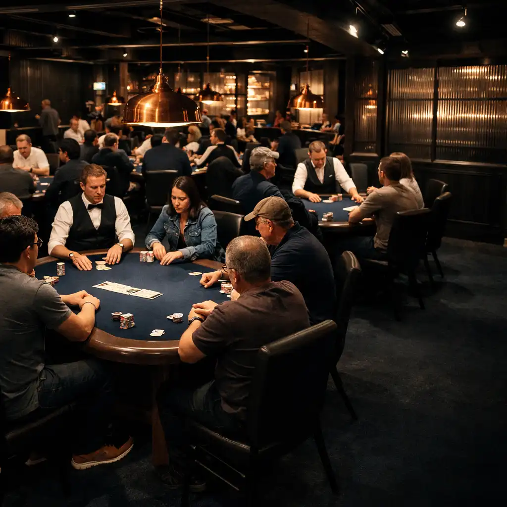 Several active physical poker tables beneath copper pendant lights in a contemporary Sydney Card Room