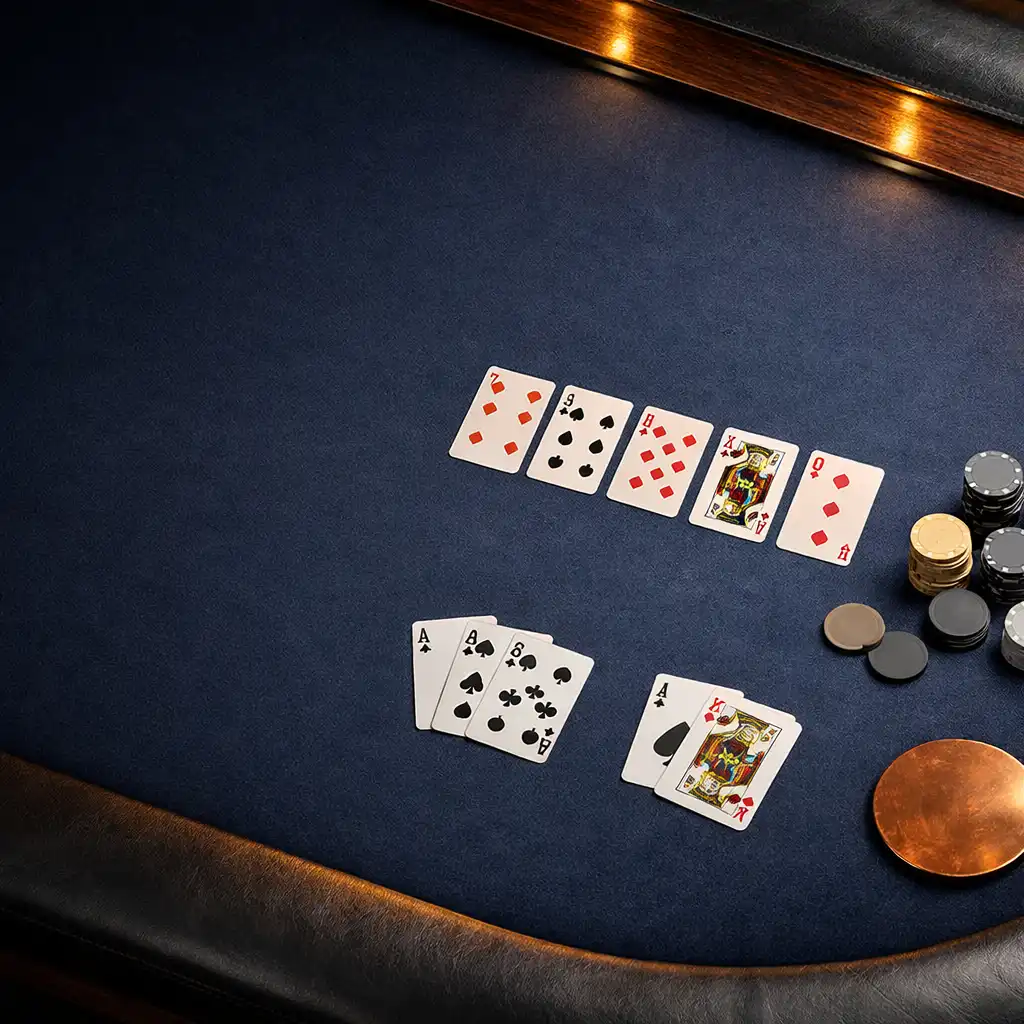 Staff arranging cards and neutral poker chips beneath copper pendant lights in a Sydney card room