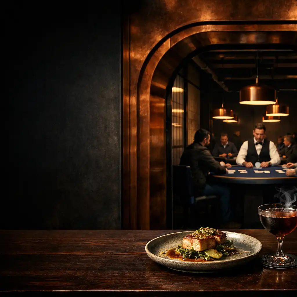 Dining table leading through a copper-lined room towards a live poker table