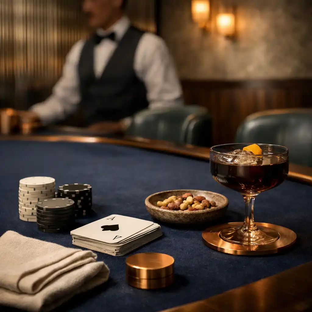 Natural linen, smoked glass, cards and neutral chips arranged beside navy felt