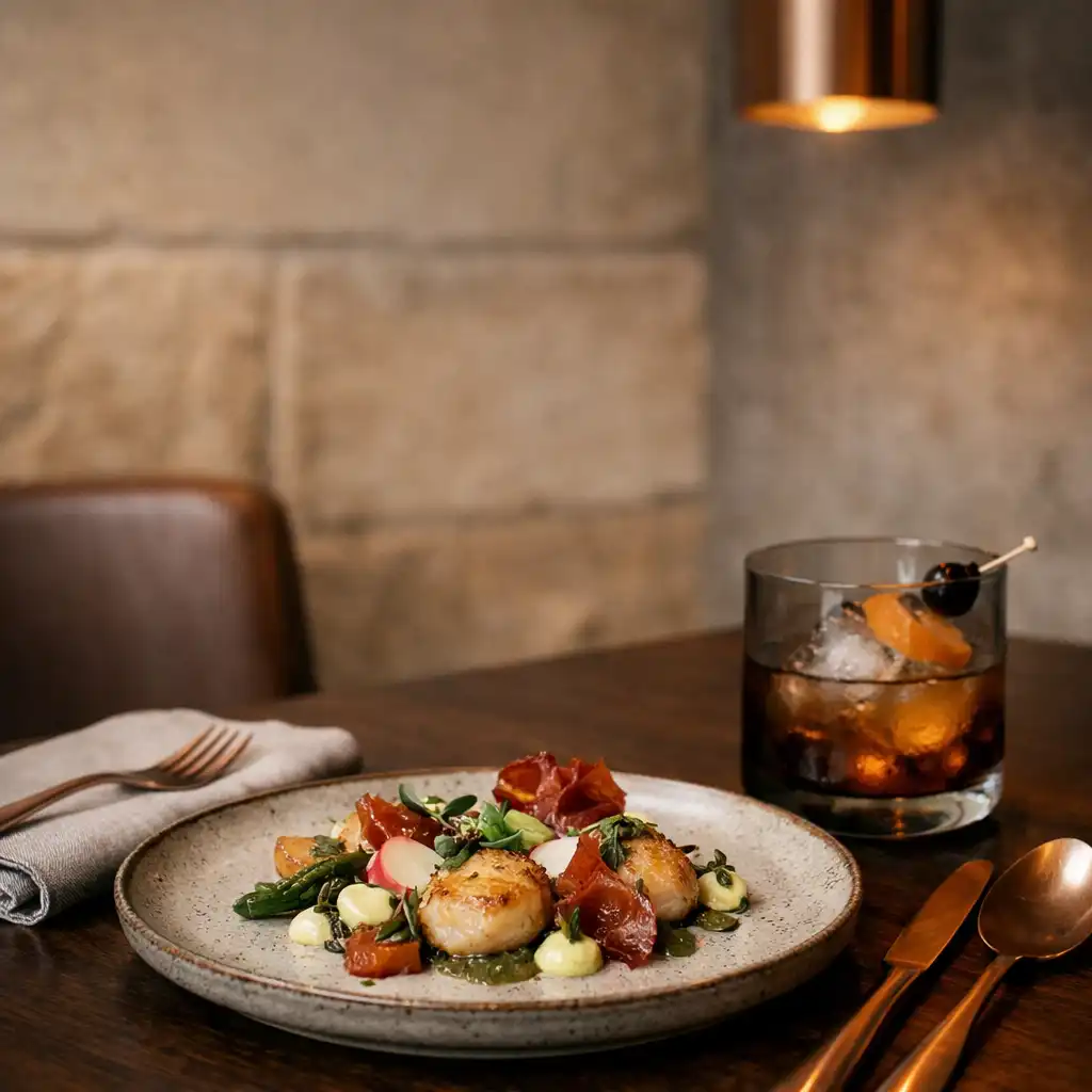 Clay ceramic dining plate and smoked-glass cocktail on dark timber