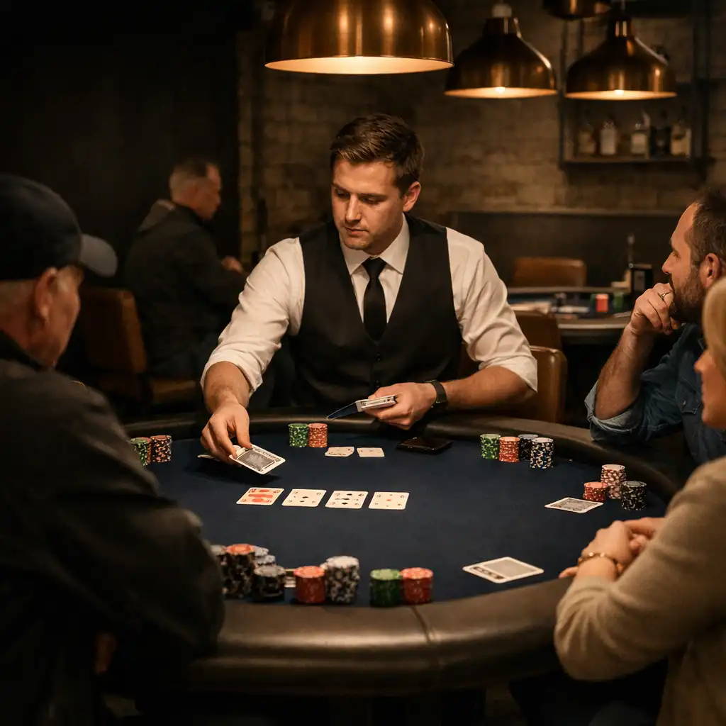 Dealer dealing physical cards at a Midnight Navy felt table with seated players and neutral poker chips.