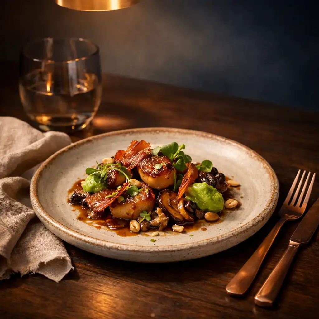 A composed savoury dish on a handmade clay plate with linen and copper cutlery.