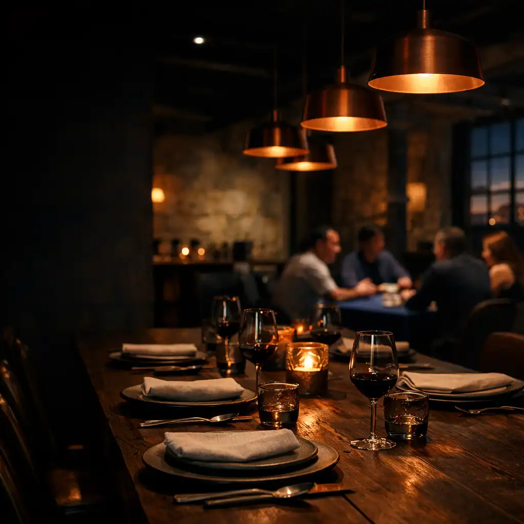 Long timber dining table under copper pendant lights, with a felt table suggested beyond the dining room.