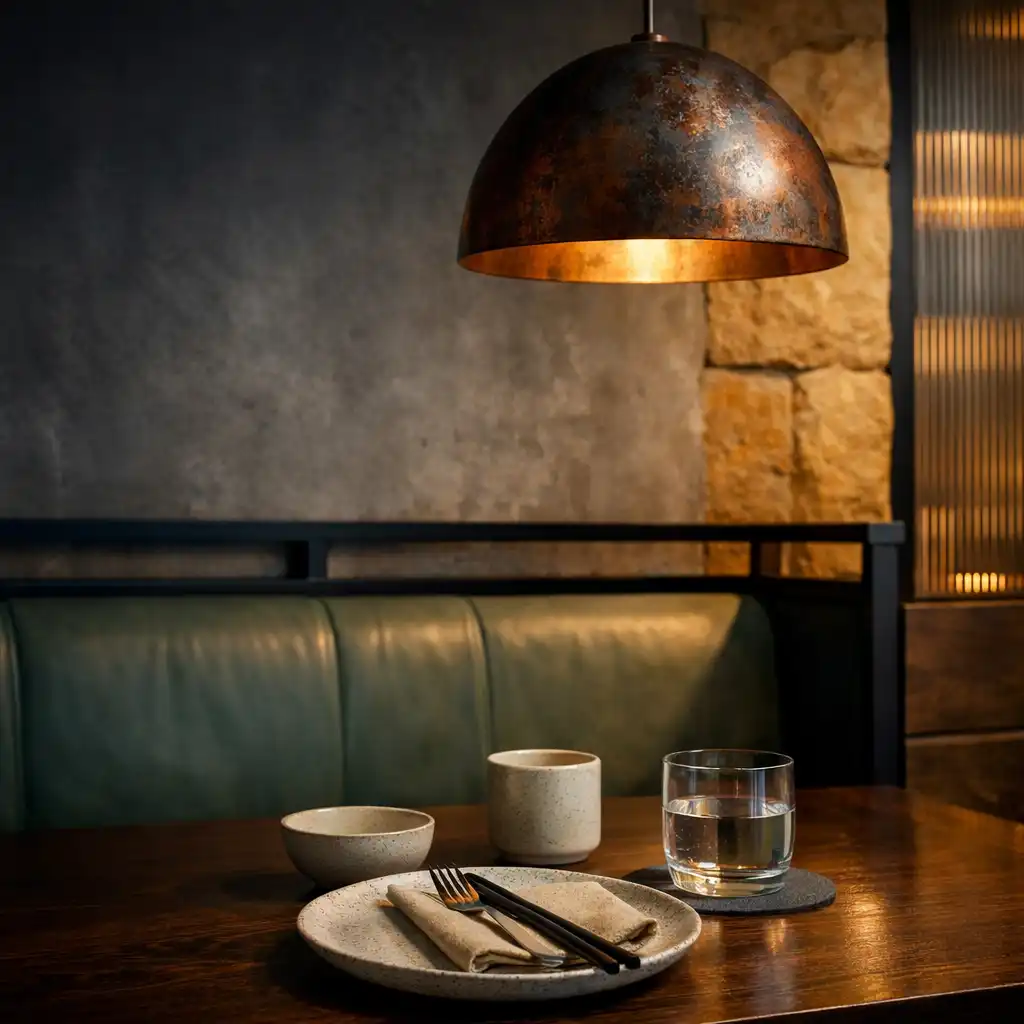 Copper pendant, leather banquette and timber dining table in a contemporary Sydney dining room.