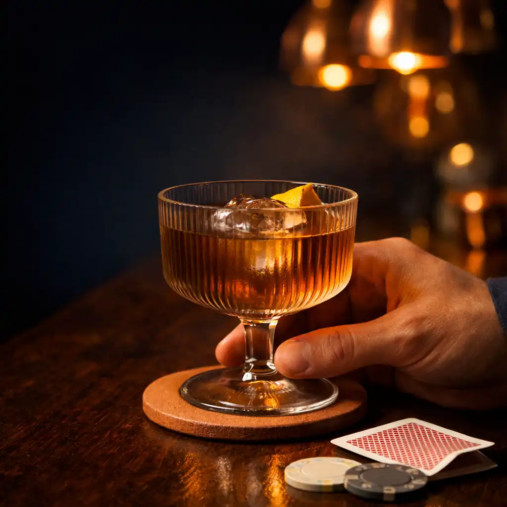 A hand placing a cocktail in smoked ribbed glass beside neutral poker chips and a folded card.