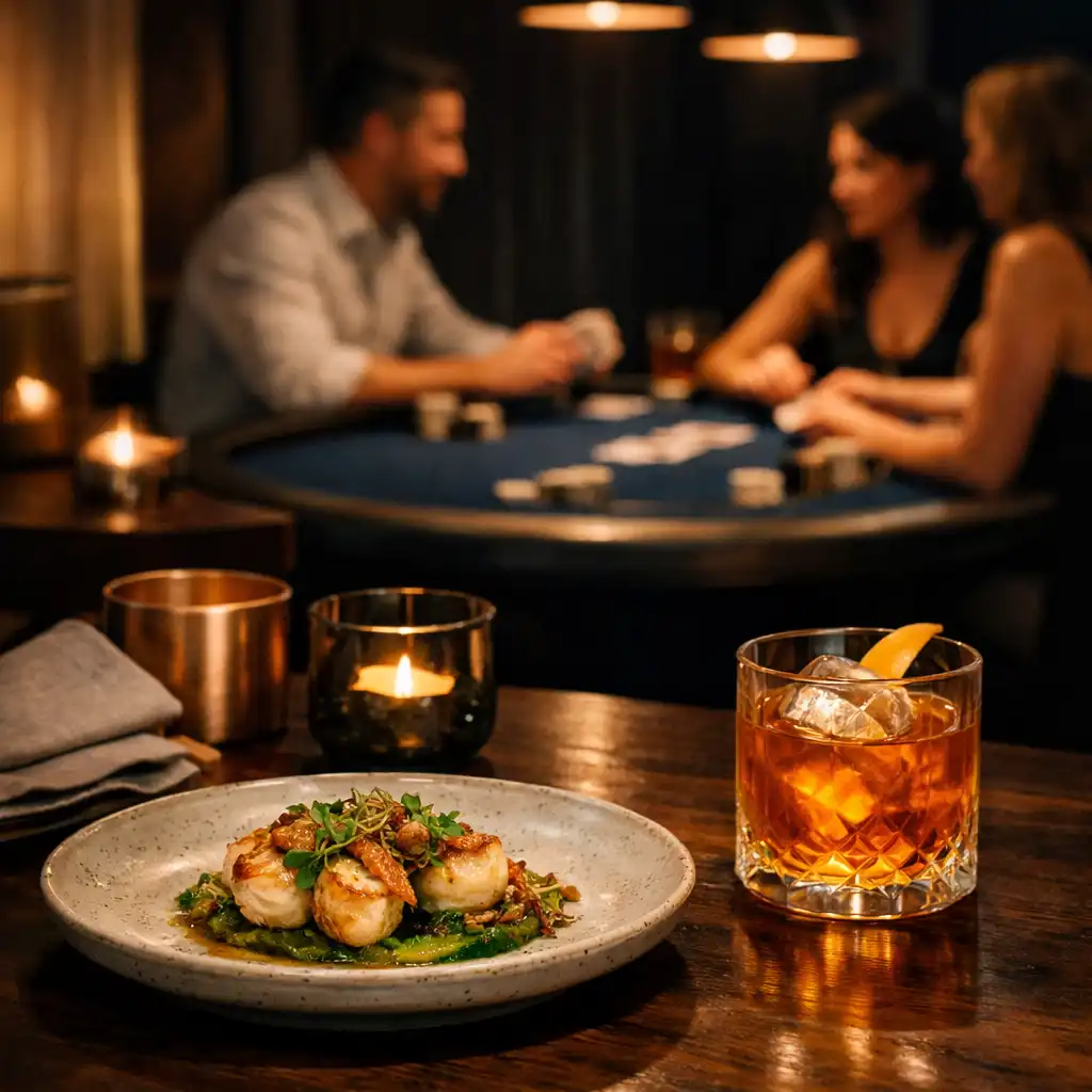 A clay ceramic dish and amber cocktail on timber with a navy felt poker table visible deeper in the room.