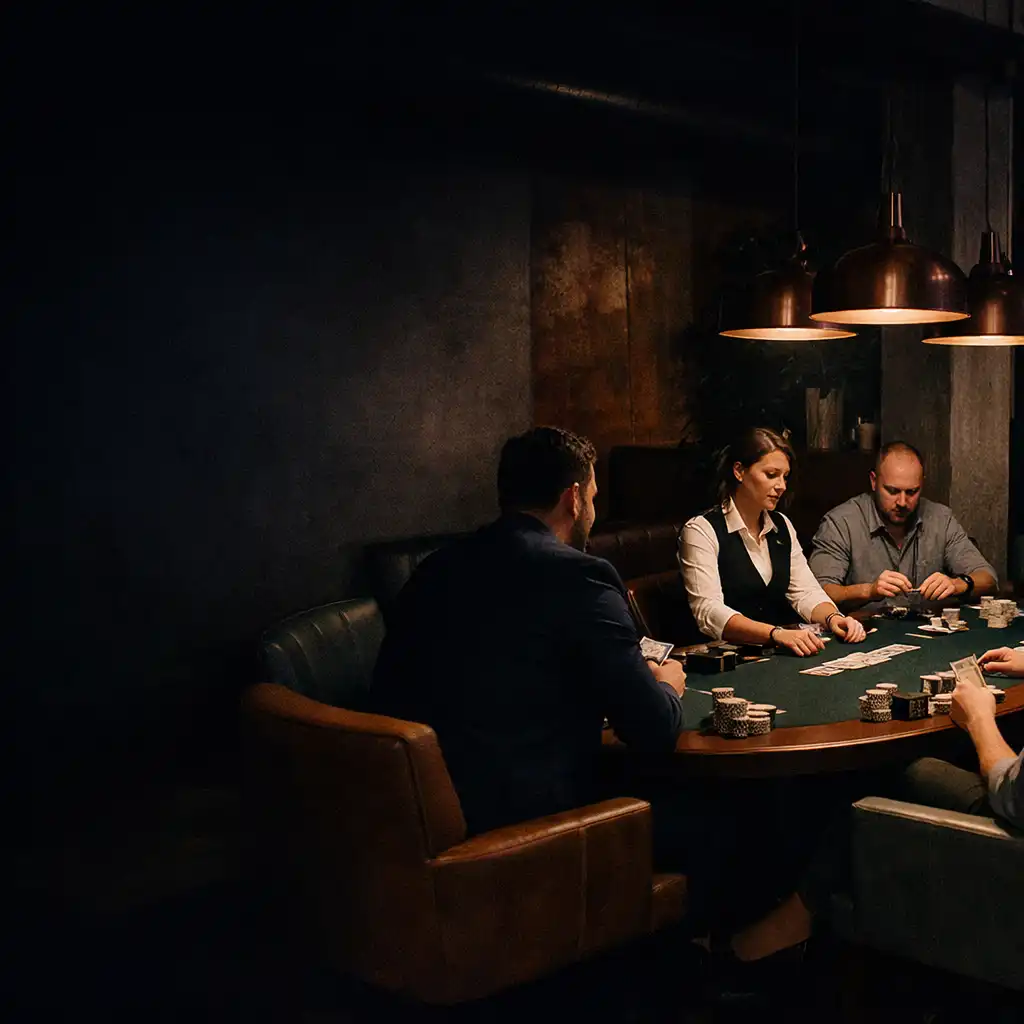 Late-night poker table with players and a dealer under copper pendant lights in a dark contemporary lounge.
