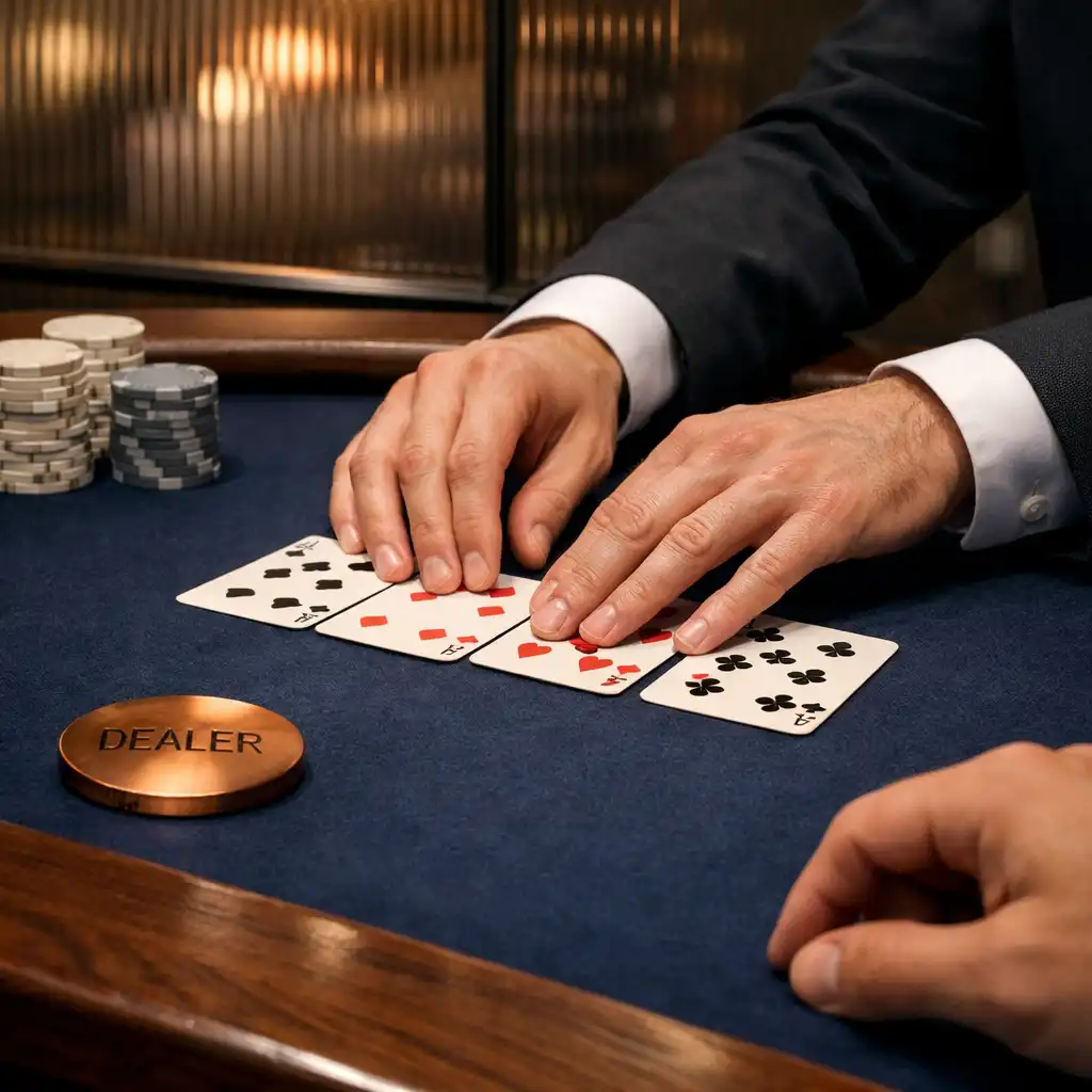 Dealer hands arranging cards beside neutral chips and a copper dealer button on midnight navy felt