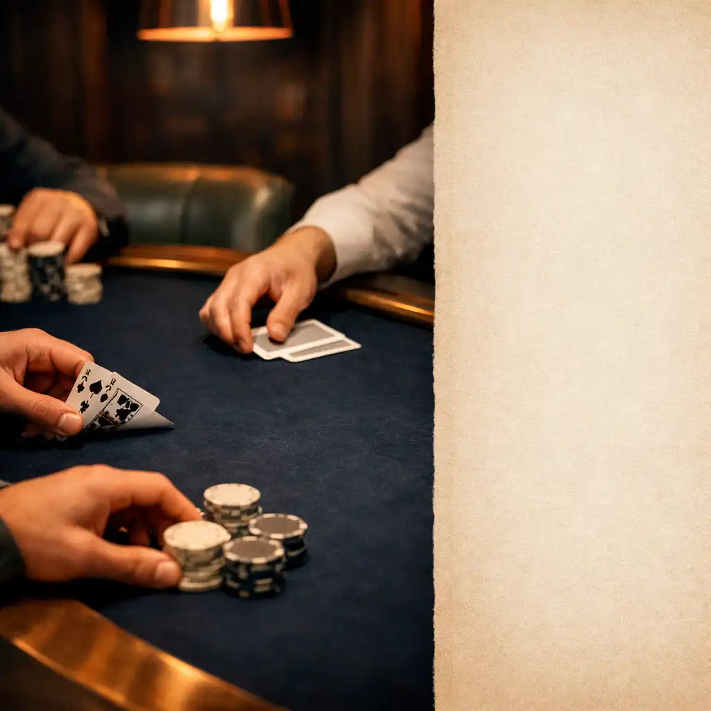 Hands handling cards and neutral poker chips across Midnight Navy felt beneath warm copper light.