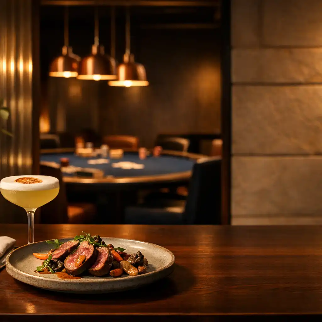 Plated dish and cocktail on a timber restaurant table with a darker card room beyond.