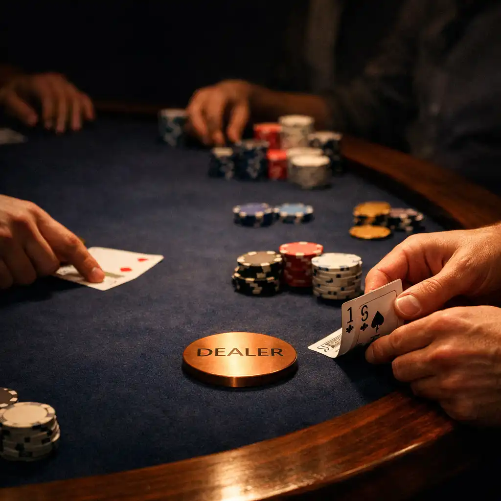 Hands dealing physical cards around midnight navy poker felt