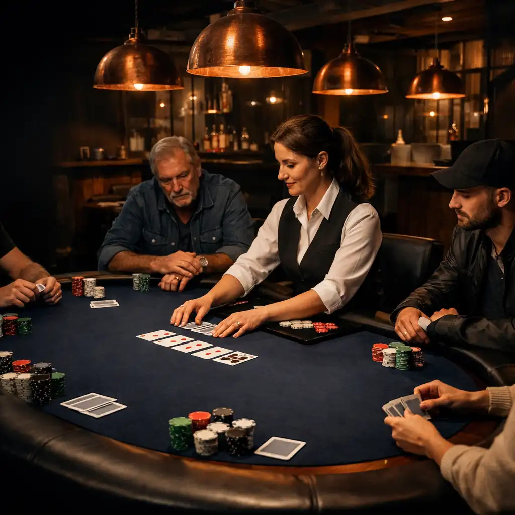 Dealer and players gathered around a physical poker table in a warmly lit Sydney card room.