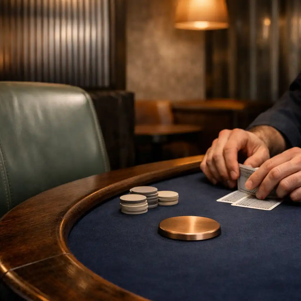A hand beside neutral chips and playing cards on navy felt, with a leather chair and copper detail in the Poker Lounge.