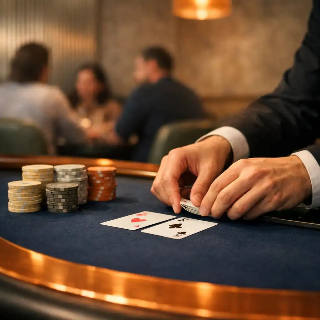 A dealer arranging cards beside neutral chips on navy felt in a warm, textured Card Room with copper details.
