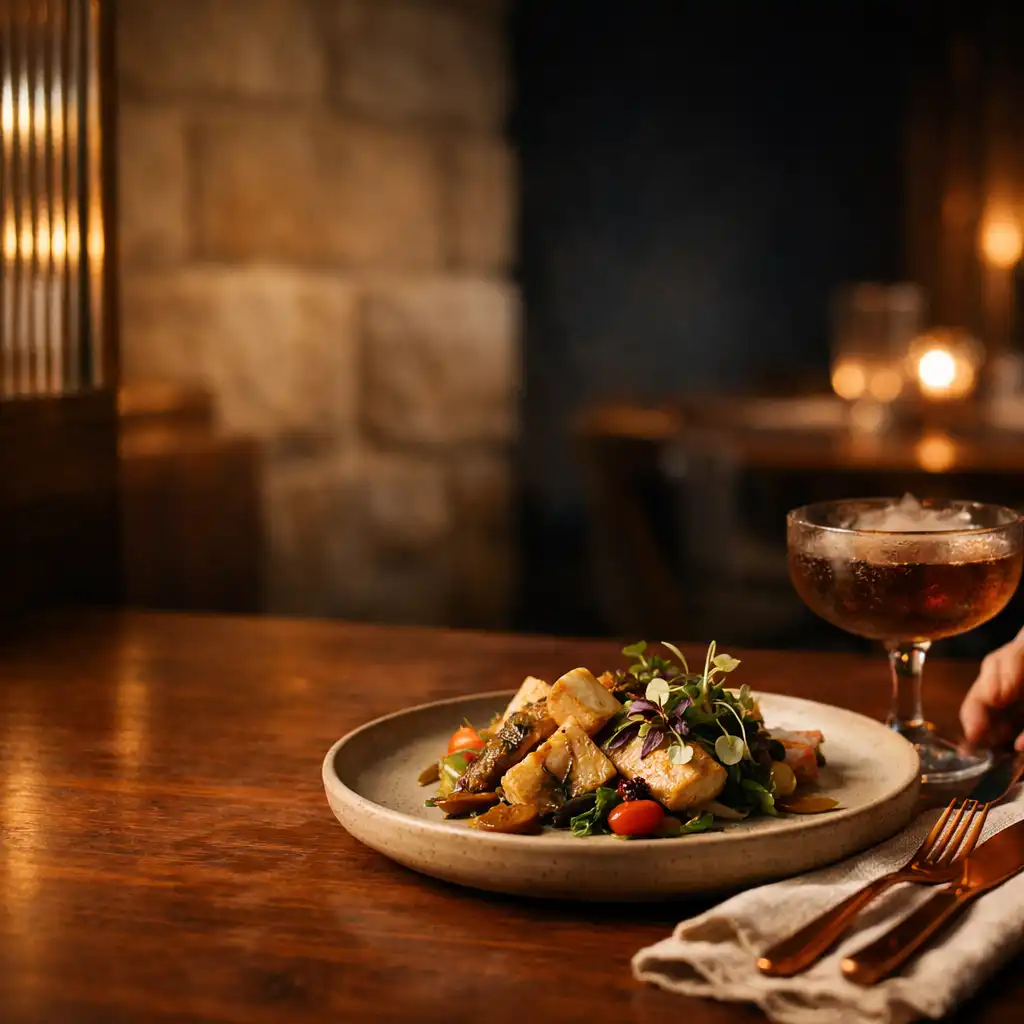 A plated dish on clay ceramic beside a smoked-glass cocktail, linen and copper cutlery in a warmly lit Sydney dining room.