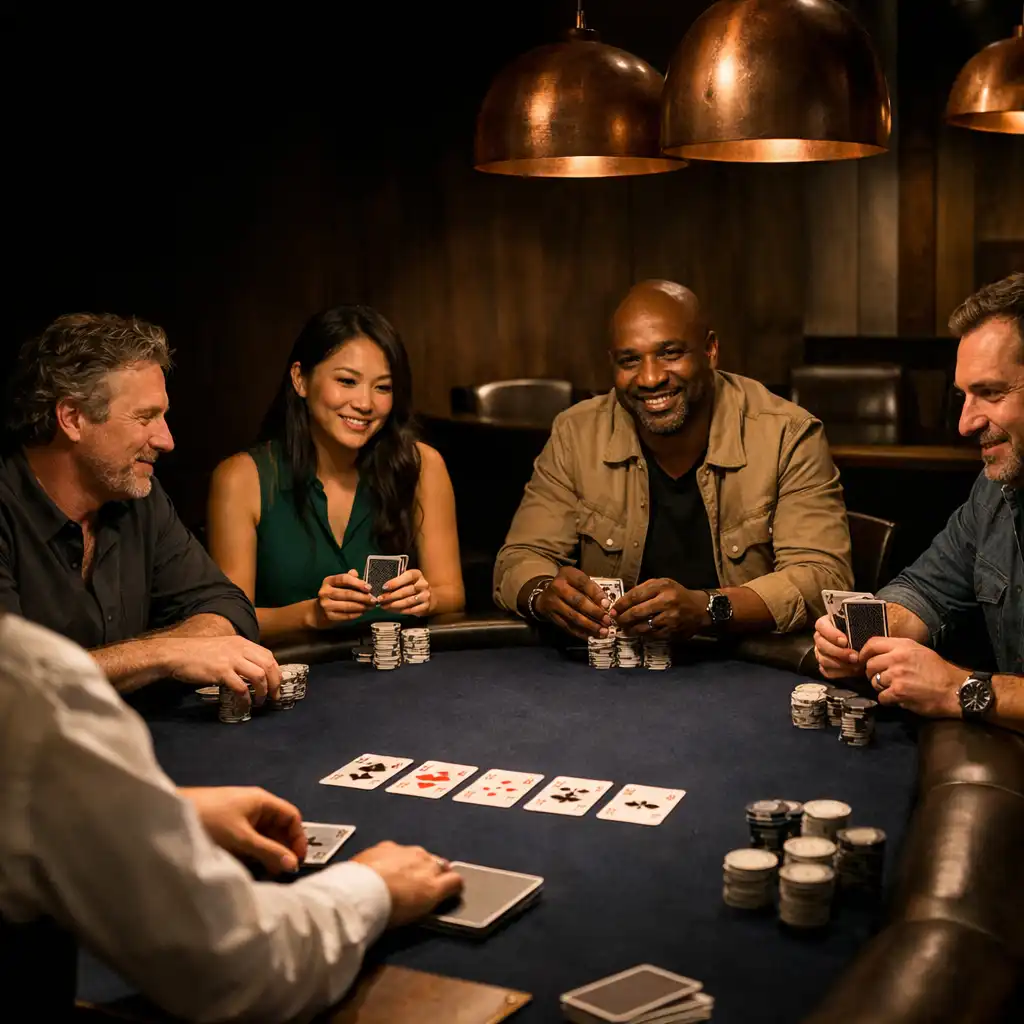 Dealer and guests gathered around a midnight navy felt poker table beneath warm copper pendant lights in a Sydney Card Room.