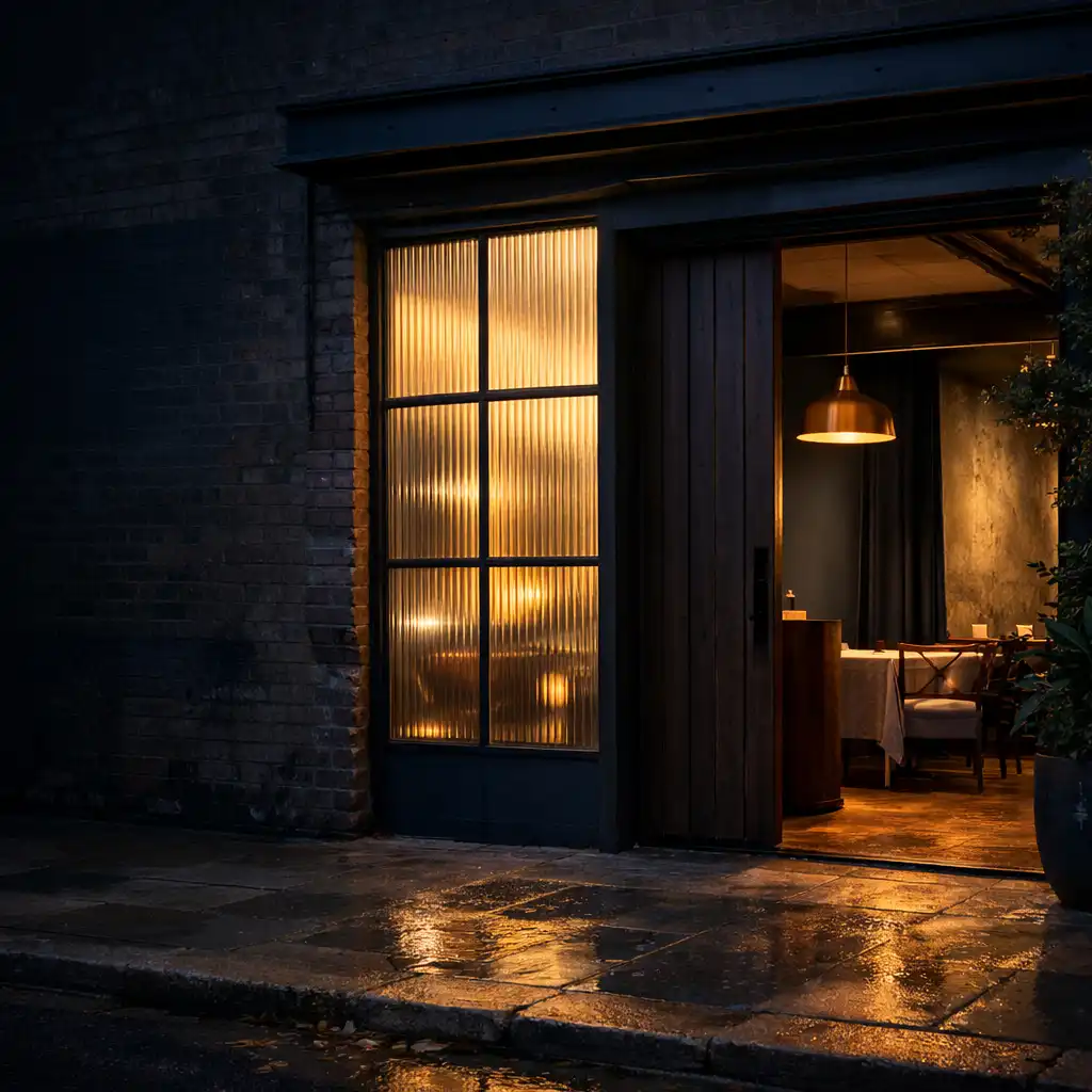 Warm light through ribbed glass at a Sydney warehouse hospitality threshold at blue hour