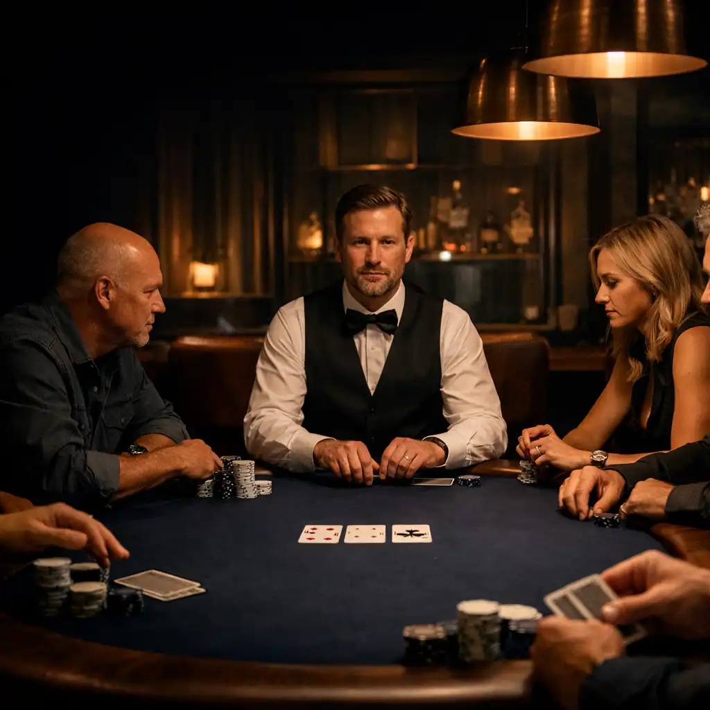 Dealer hands, cards and neutral chips at a midnight navy Texas Hold’em table in a Sydney Card Room